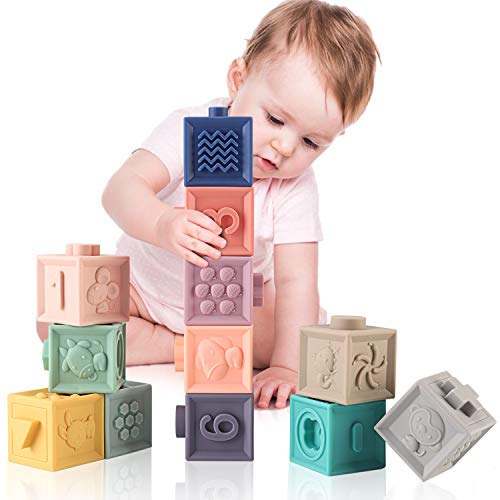 MIXI Baby Toys Blocks, Soft Blocks for Babies 6 Month Baby Toys Teething Toys Infant Toys Baby Building Blocks Montessori Developmental Toys with Numbers Animals Shapes for Baby 6 Months and Up 12PCS