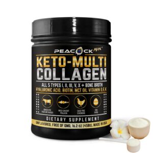 peacock max keto multi collagen 5 types with bone broth, unflavored 16.2 oz nutrition protein powder with hydrolyzed peptides, mct oil, biotin, supports joints, bones, skin, gut health