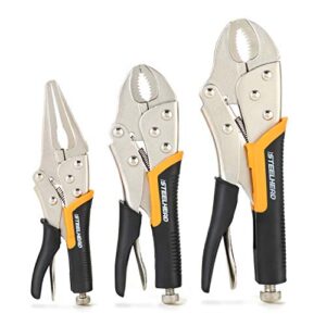 steelhead 3-piece locking pliers set, 10-inch curved jaw, 7-inch curved jaw & 6-1/2” long nose straight jaw, integrated wire cutter, usa-based support