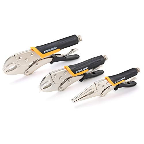 STEELHEAD 3-Piece Locking Pliers Set, 10-inch Curved Jaw, 7-Inch Curved Jaw & 6-1/2” Long Nose Straight Jaw, Integrated Wire Cutter, USA-Based Support