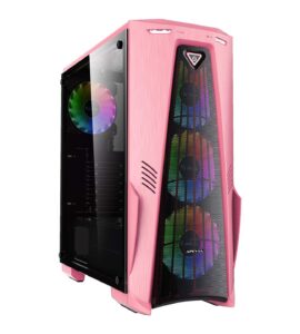 apevia crusader-f-pk mid tower gaming case with 1 x full-size tempered glass panel, top usb3.0/usb2.0/audio ports, 4 x rgb fans, pink frame