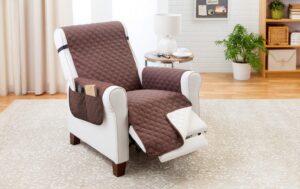 couch guard xl recliner/chair cover - stylish sofa slipcover - shield & protects from pets, kids, stains - reversible, convenient pocket, easy wash & dry - chocolate/tan