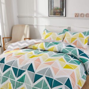 UOZZI BEDDING Comforter Set Queen Size 3 Pieces Colorful Style Yellow Green Cubes Triangles Print Reversible Down Alternative 800 TC Kids Adult Duvet Sets