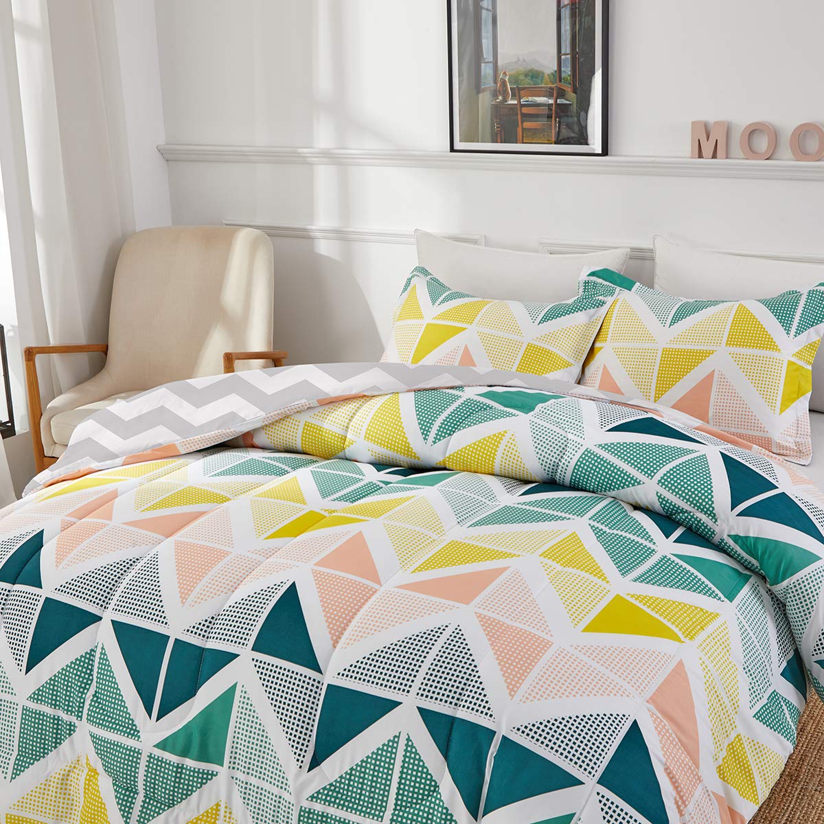 UOZZI BEDDING Comforter Set Queen Size 3 Pieces Colorful Style Yellow Green Cubes Triangles Print Reversible Down Alternative 800 TC Kids Adult Duvet Sets