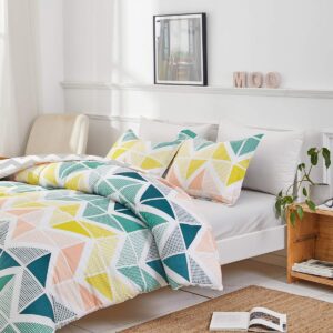 UOZZI BEDDING Comforter Set Queen Size 3 Pieces Colorful Style Yellow Green Cubes Triangles Print Reversible Down Alternative 800 TC Kids Adult Duvet Sets