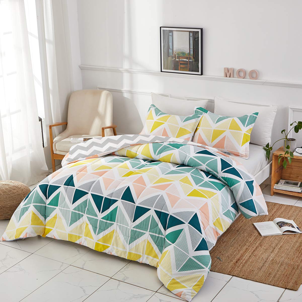 UOZZI BEDDING Comforter Set Queen Size 3 Pieces Colorful Style Yellow Green Cubes Triangles Print Reversible Down Alternative 800 TC Kids Adult Duvet Sets