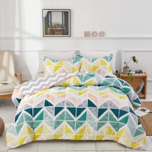 UOZZI BEDDING Comforter Set Queen Size 3 Pieces Colorful Style Yellow Green Cubes Triangles Print Reversible Down Alternative 800 TC Kids Adult Duvet Sets