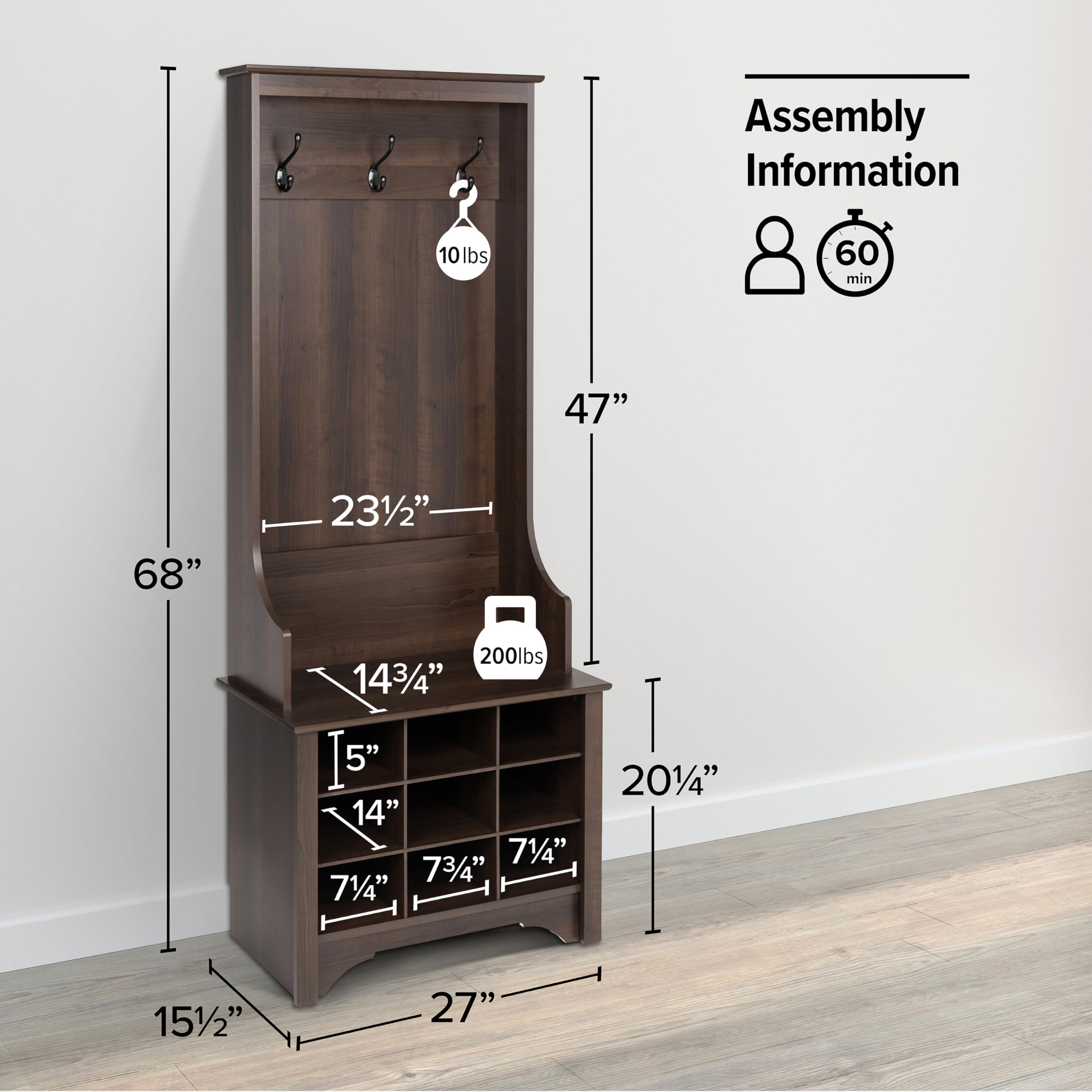 Prepac Narrow Hall Tree with 9 Shoe Cubbies, Espresso