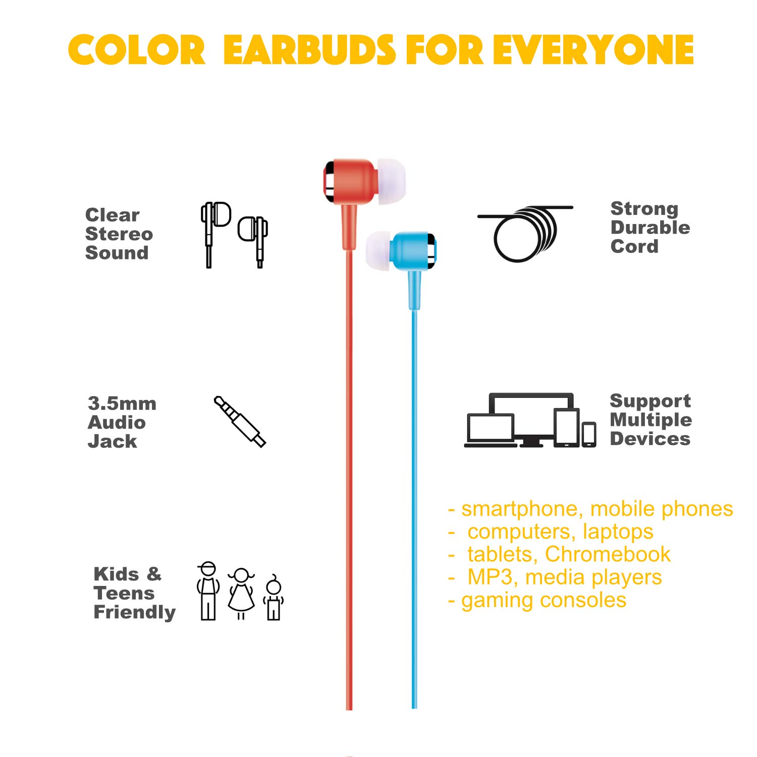 GADGET.COOL Wired Earbuds 10 Pack Bulk, Balanced Stereo Sound and Bass in-Ear Headphones with Ear Tip Replacements for iPhone Android Smartphone Tablet Laptop Computer School Classroom