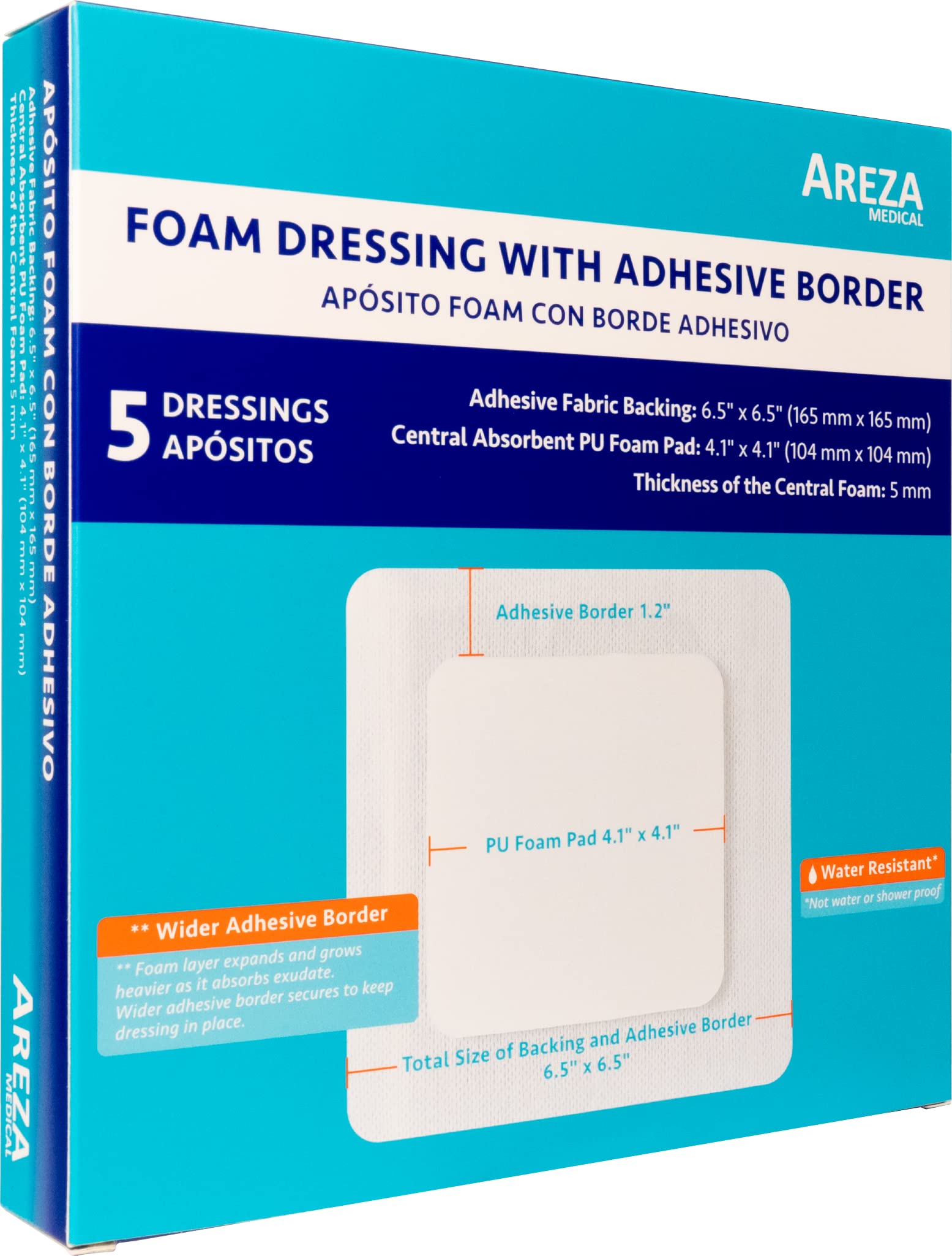 Foam Wound Dressing with Adhesive Border 6.5" x 6.5" Central Foam: 4.1" x 4.1" Thickness 5 mm 5 per Box by Areza Medical