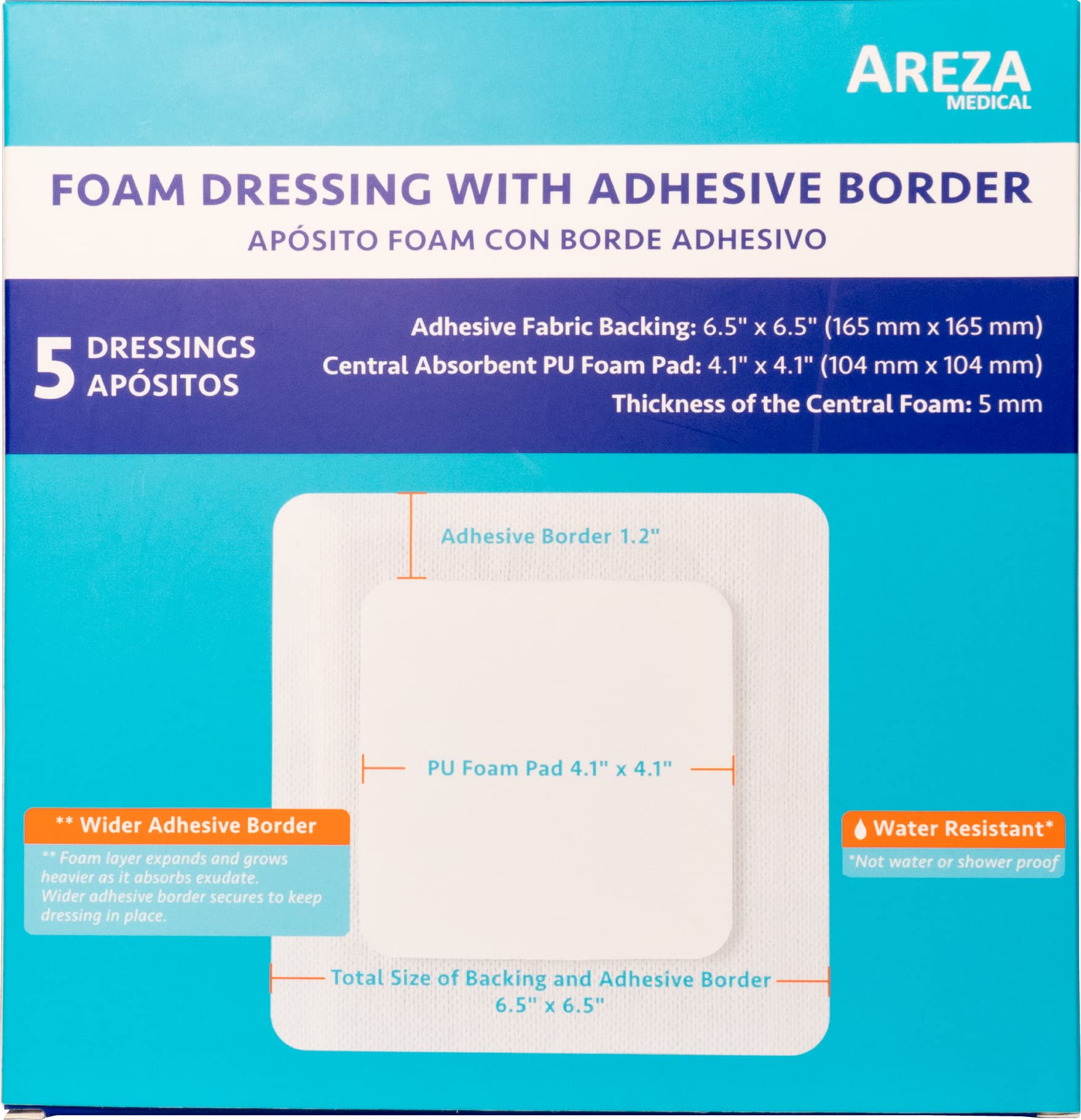 Foam Wound Dressing with Adhesive Border 6.5" x 6.5" Central Foam: 4.1" x 4.1" Thickness 5 mm 5 per Box by Areza Medical