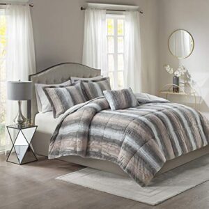 madison park zuri soft plush comforter set, faux fur animal stripes design, faux mink on the reverse, modern all season bedding set with matching sham, full/queen, blush/grey 4 piece