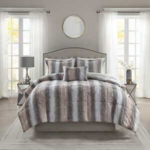 Madison Park Zuri Soft Plush Comforter Set, Faux Fur Animal Stripes Design, Faux Mink On The Reverse, Modern All Season Bedding Set with Matching Sham, Full/Queen, Blush/Grey 4 Piece