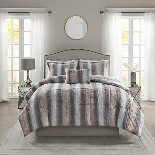 Madison Park Zuri Soft Plush Comforter Set, Faux Fur Animal Stripes Design, Faux Mink On The Reverse, Modern All Season Bedding Set with Matching Sham, Full/Queen, Blush/Grey 4 Piece