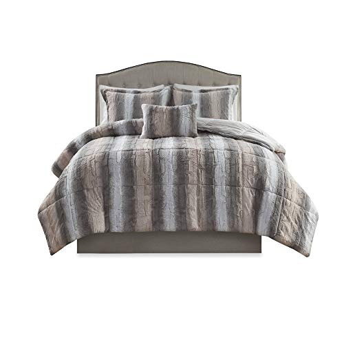 Madison Park Zuri Soft Plush Comforter Set, Faux Fur Animal Stripes Design, Faux Mink On The Reverse, Modern All Season Bedding Set with Matching Sham, Full/Queen, Blush/Grey 4 Piece