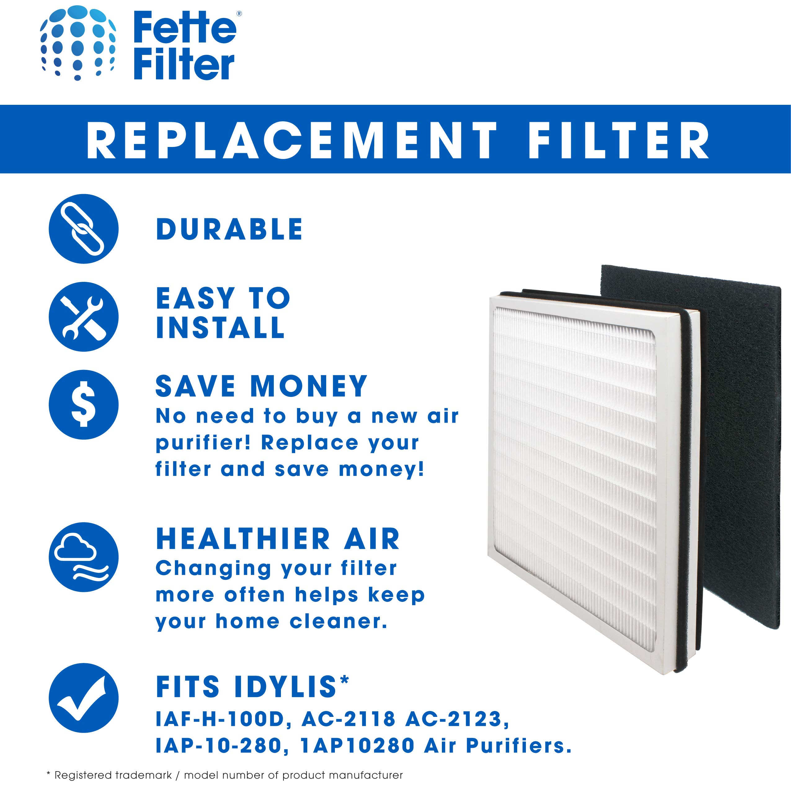 Fette Filter - 2 HEPA Filter & 2Carbon Filter Compatible with Idylis Air Purifiers Type D. For Models IAF-H-100D, AC-2118 AC-2123, IAP-10-280, 1AP10280.