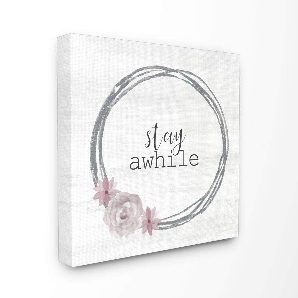 Stupell Industries Stay Awhile Family Home Inspirational Pink Flower Grey Design XL Stretched Canvas Wall Art by Kimberly Allen, 30 x 1.5 x 30, Multi-Color