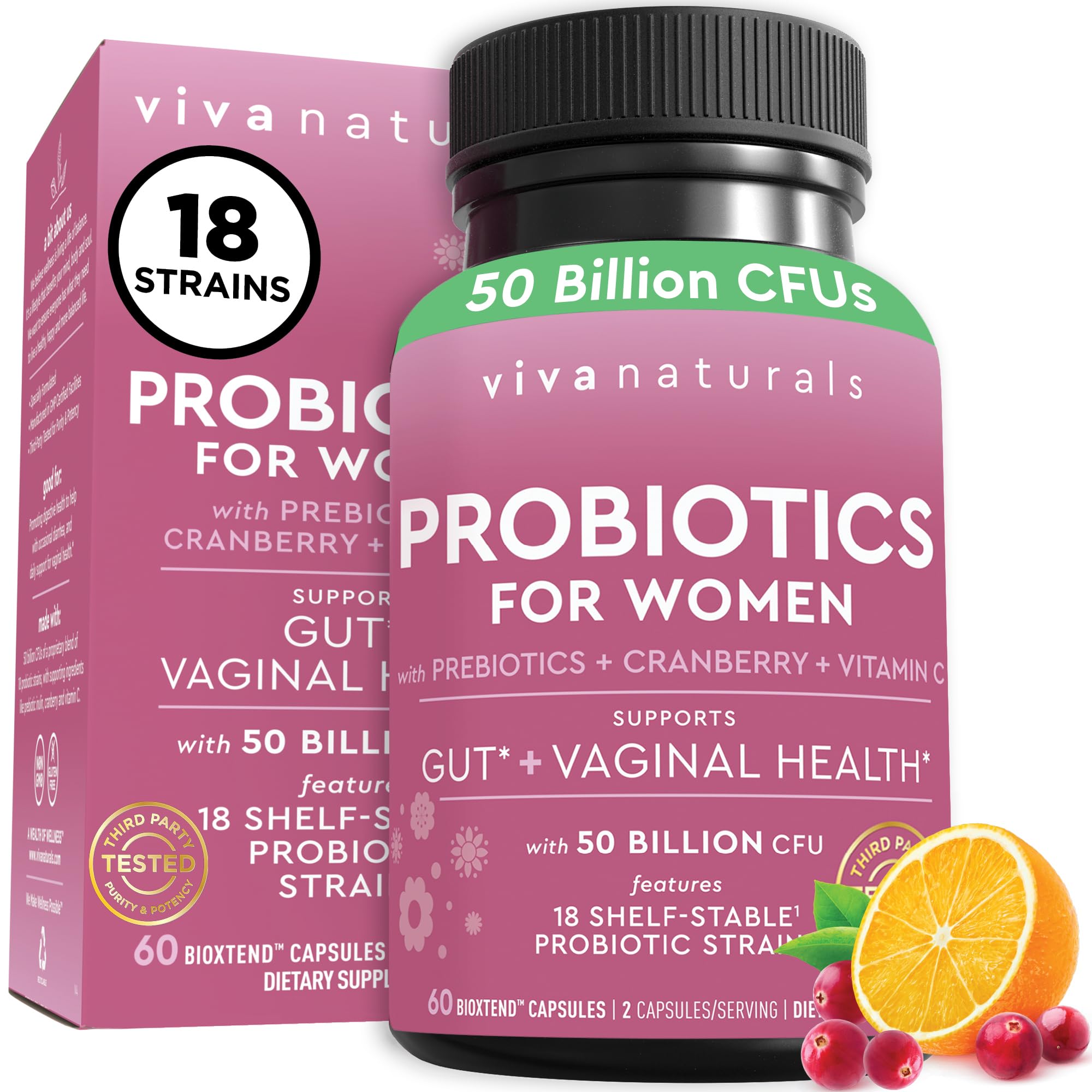 Viva Naturals Probiotics for Gut Health with Prebiotic Fiber, Cranberry & Vitamin C-50 Billion CFU Pre & Probiotics for Women Digestive Health, Vaginal Health from 18 Strains-Shelf-Stable 60 Capsules