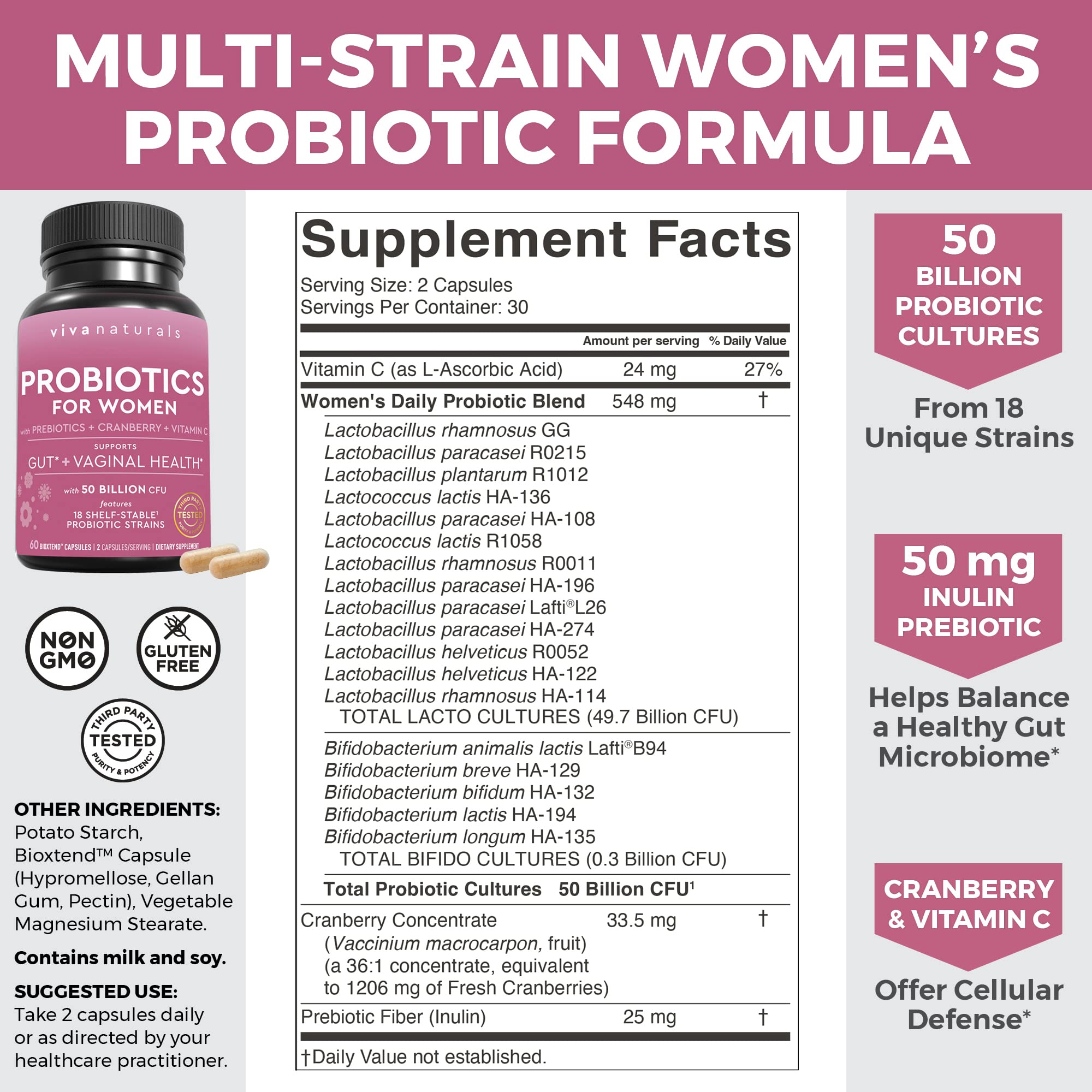 Viva Naturals Probiotics for Gut Health with Prebiotic Fiber, Cranberry & Vitamin C-50 Billion CFU Pre & Probiotics for Women Digestive Health, Vaginal Health from 18 Strains-Shelf-Stable 60 Capsules