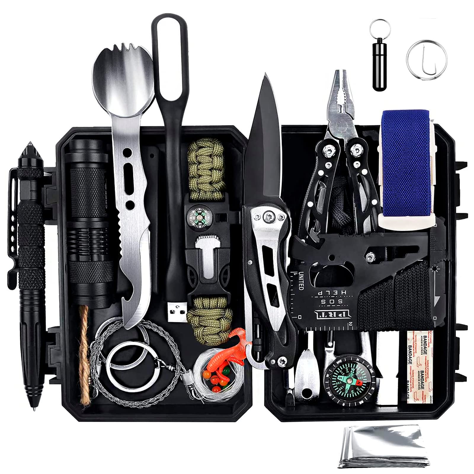 ANTARCTICA Emergency Survival Gear Kits 60 in 1, Outdoor Survival Tool with Emergency Bracelet Whistle Flashlight Pliers Pen Wire Saw for Camping, Hiking, Climbing,Car