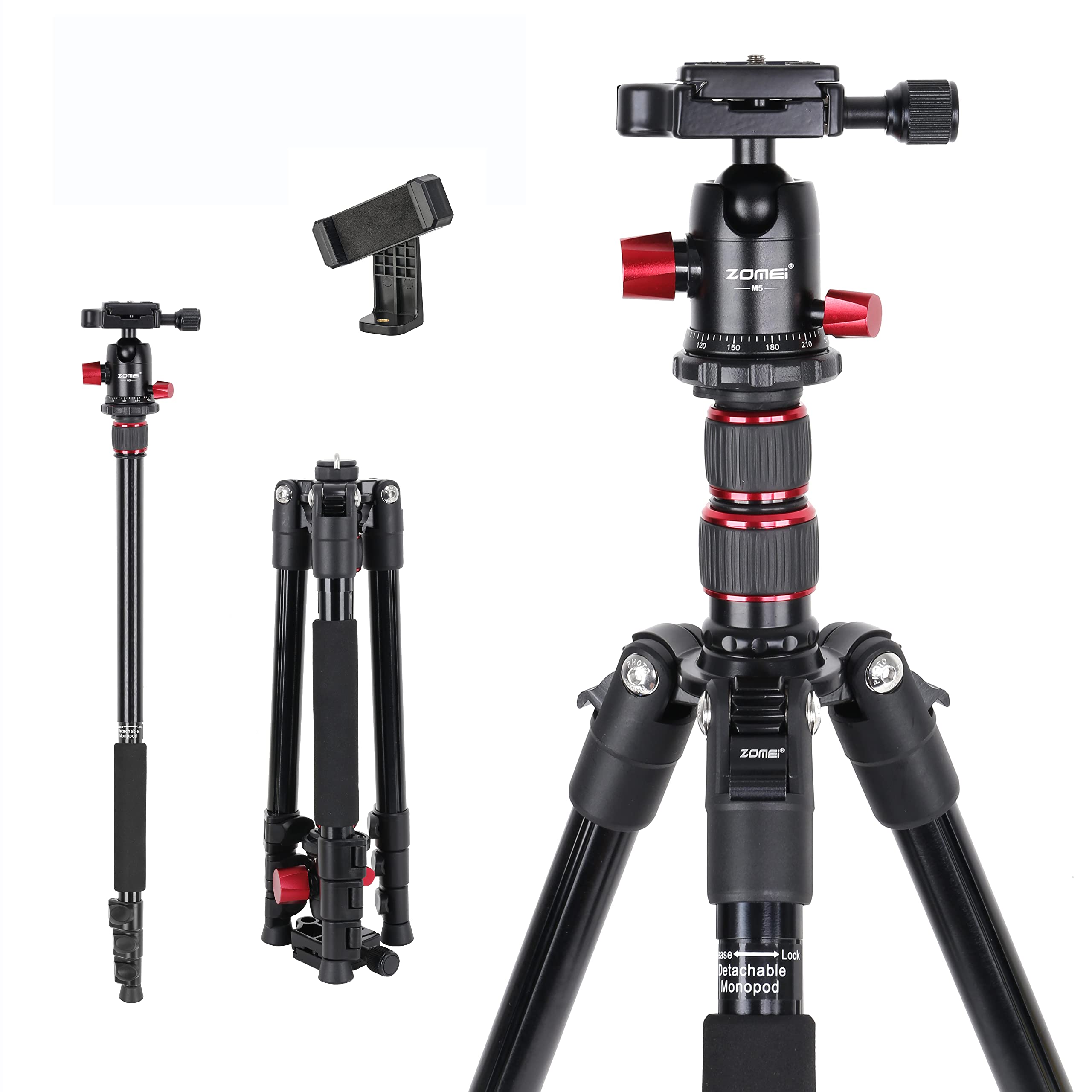 ZOMEI M5 Camera Tripod,Lightweight Travel Aluminum Tripod Monopod Compact Portable Photography Tripod Stand with 360 Degree Ball Head and Phone Clip for DSLR Cameras, Smartphone