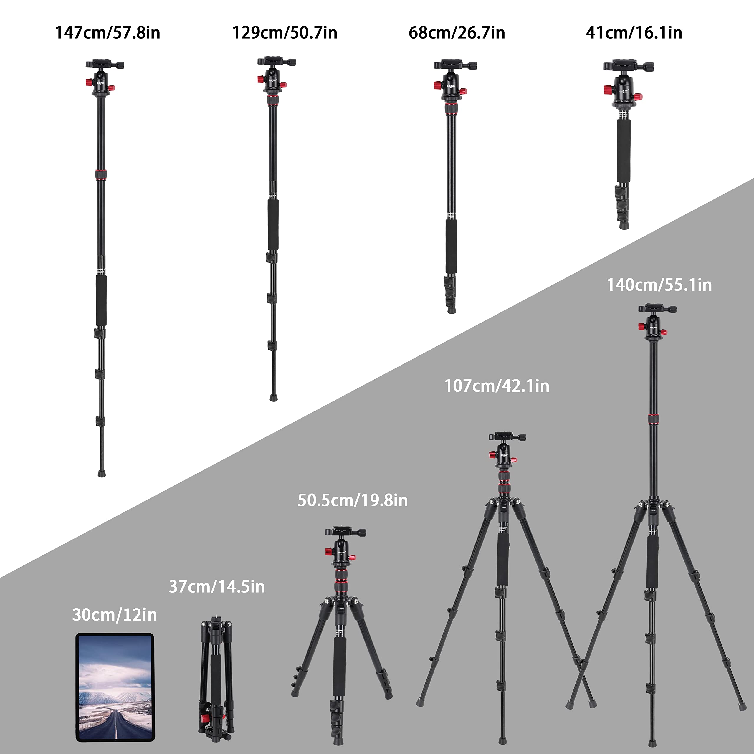 ZOMEI M5 Camera Tripod,Lightweight Travel Aluminum Tripod Monopod Compact Portable Photography Tripod Stand with 360 Degree Ball Head and Phone Clip for DSLR Cameras, Smartphone