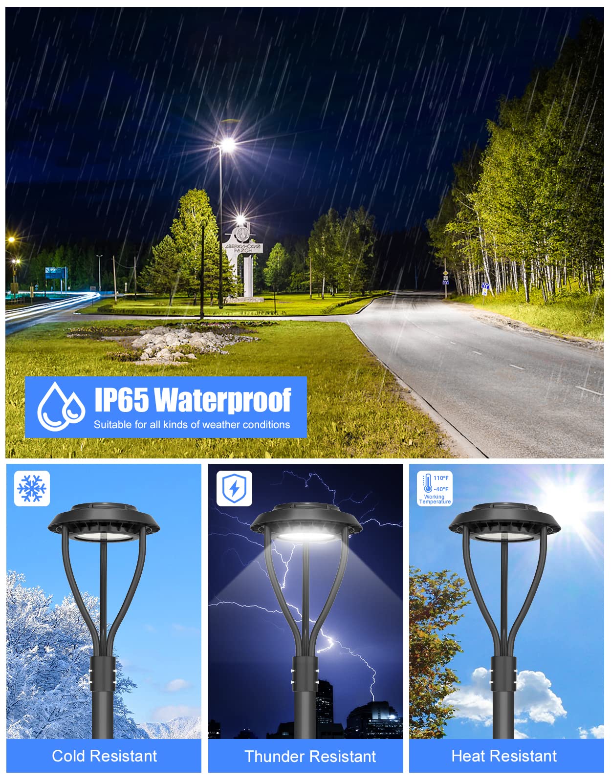 80W LED Post Top Light ETL&DLC Listed 11200Lm Adjustable CCT 3000K/4000K/5000K Dusk to Dawn LED Pole Top Light IP65 Waterproof for Outdoor Commercial Pole Mount Light Fixture AC100-277V