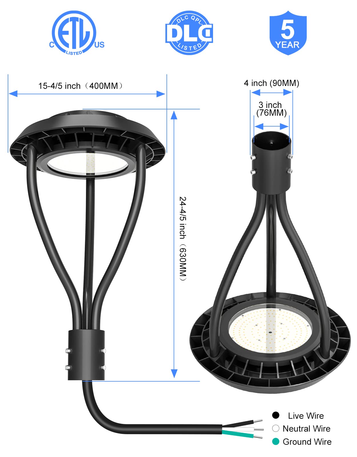 80W LED Post Top Light ETL&DLC Listed 11200Lm Adjustable CCT 3000K/4000K/5000K Dusk to Dawn LED Pole Top Light IP65 Waterproof for Outdoor Commercial Pole Mount Light Fixture AC100-277V