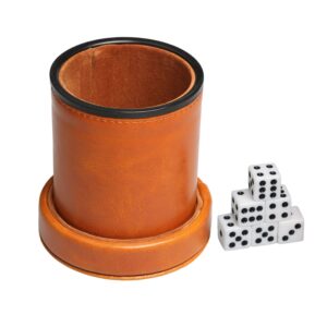 RERIVER Leatherette Dice Cup with Lid Includes 6 Dices, Velvet Interior Quiet in Shaking for Liars Dice Farkle Yahtzee Board Games, Brown