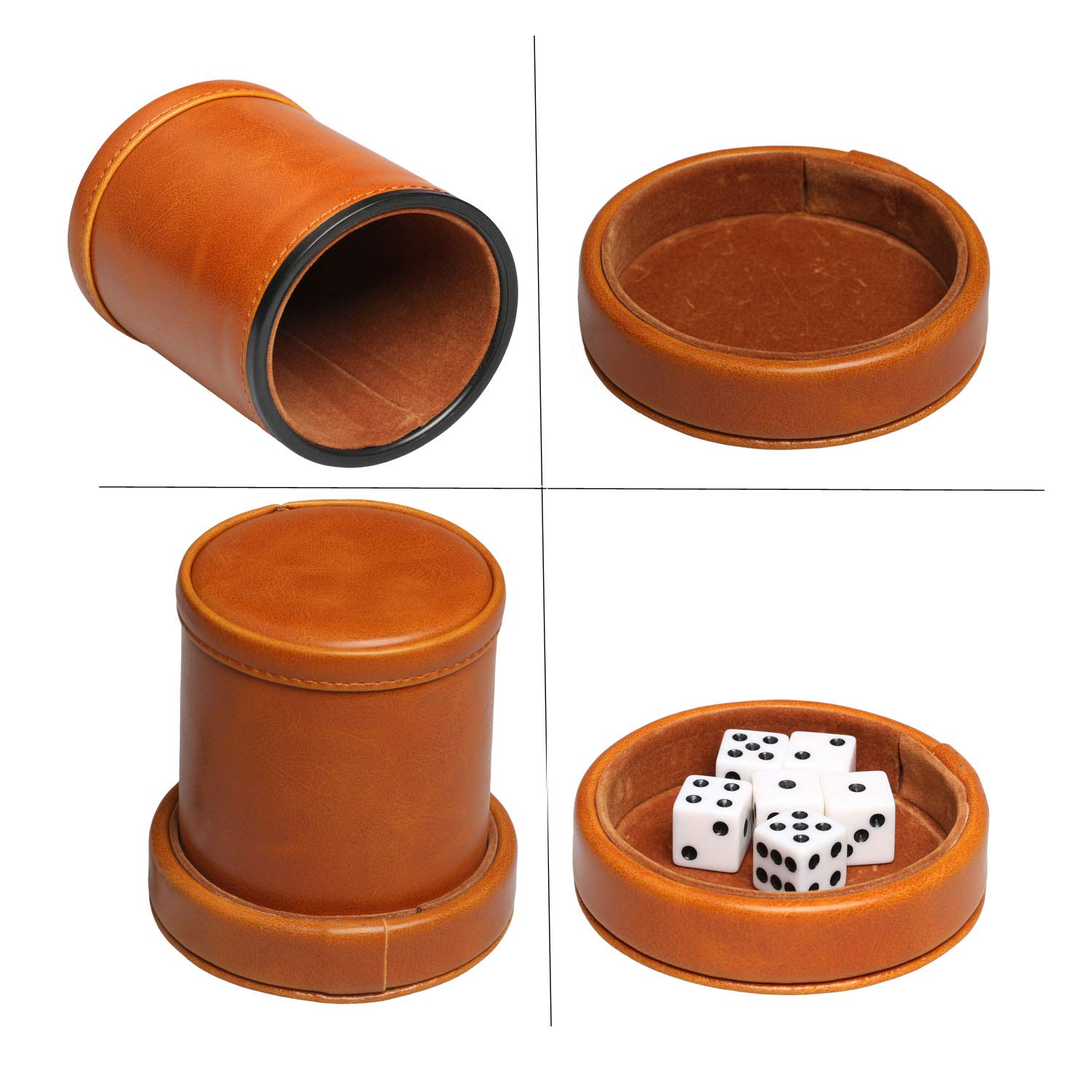 RERIVER Leatherette Dice Cup with Lid Includes 6 Dices, Velvet Interior Quiet in Shaking for Liars Dice Farkle Yahtzee Board Games, Brown