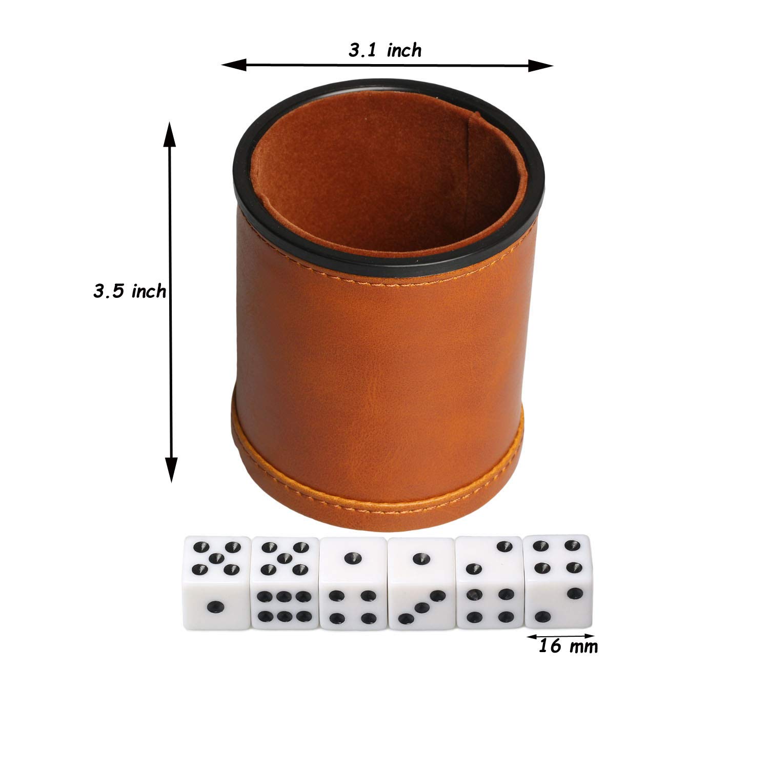 RERIVER Leatherette Dice Cup with Lid Includes 6 Dices, Velvet Interior Quiet in Shaking for Liars Dice Farkle Yahtzee Board Games, Brown