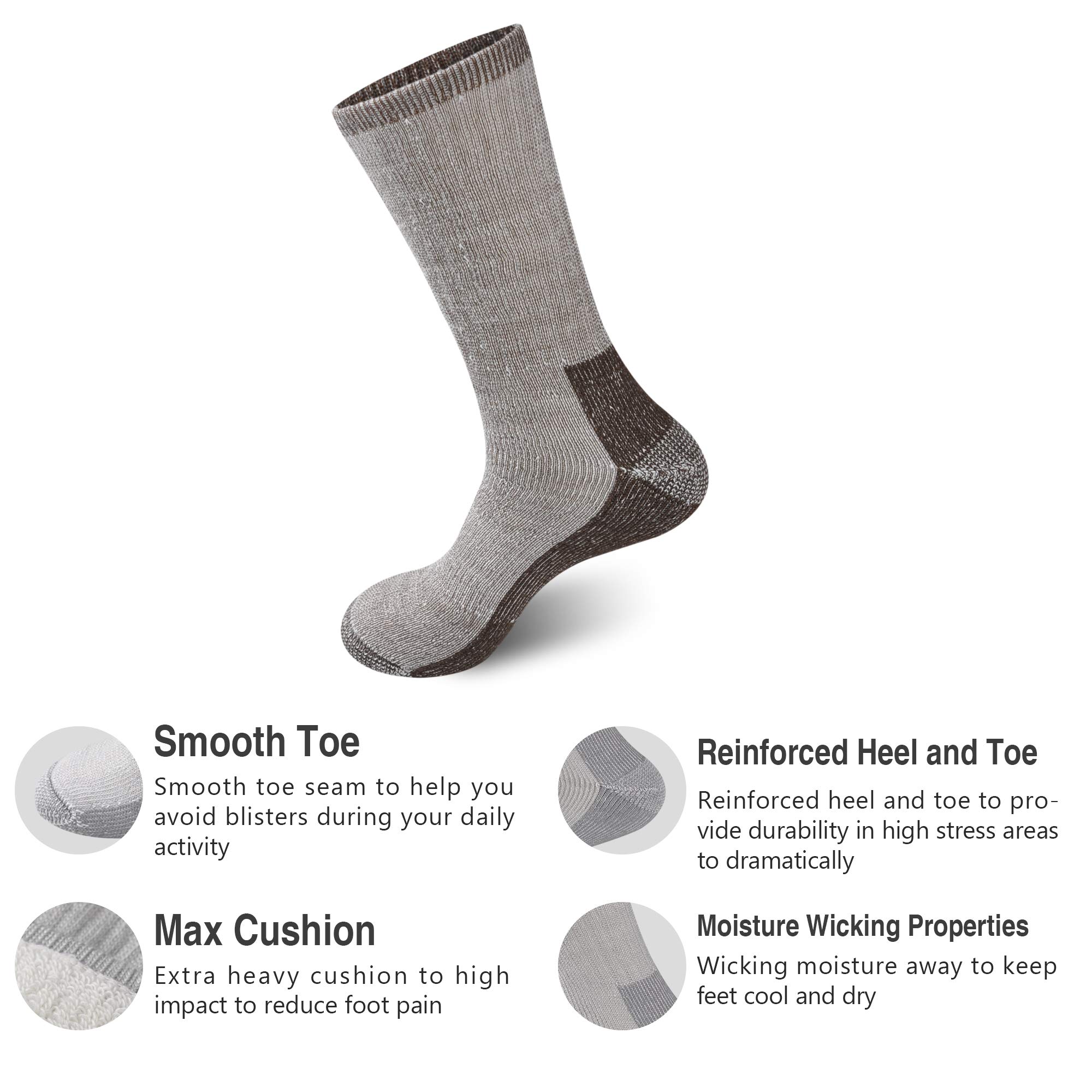 GKX Men's Merino Wool Moisture Wicking Themal Outdoor Hiking Work Boot Heavy Cushion Crew Socks(Coffee)