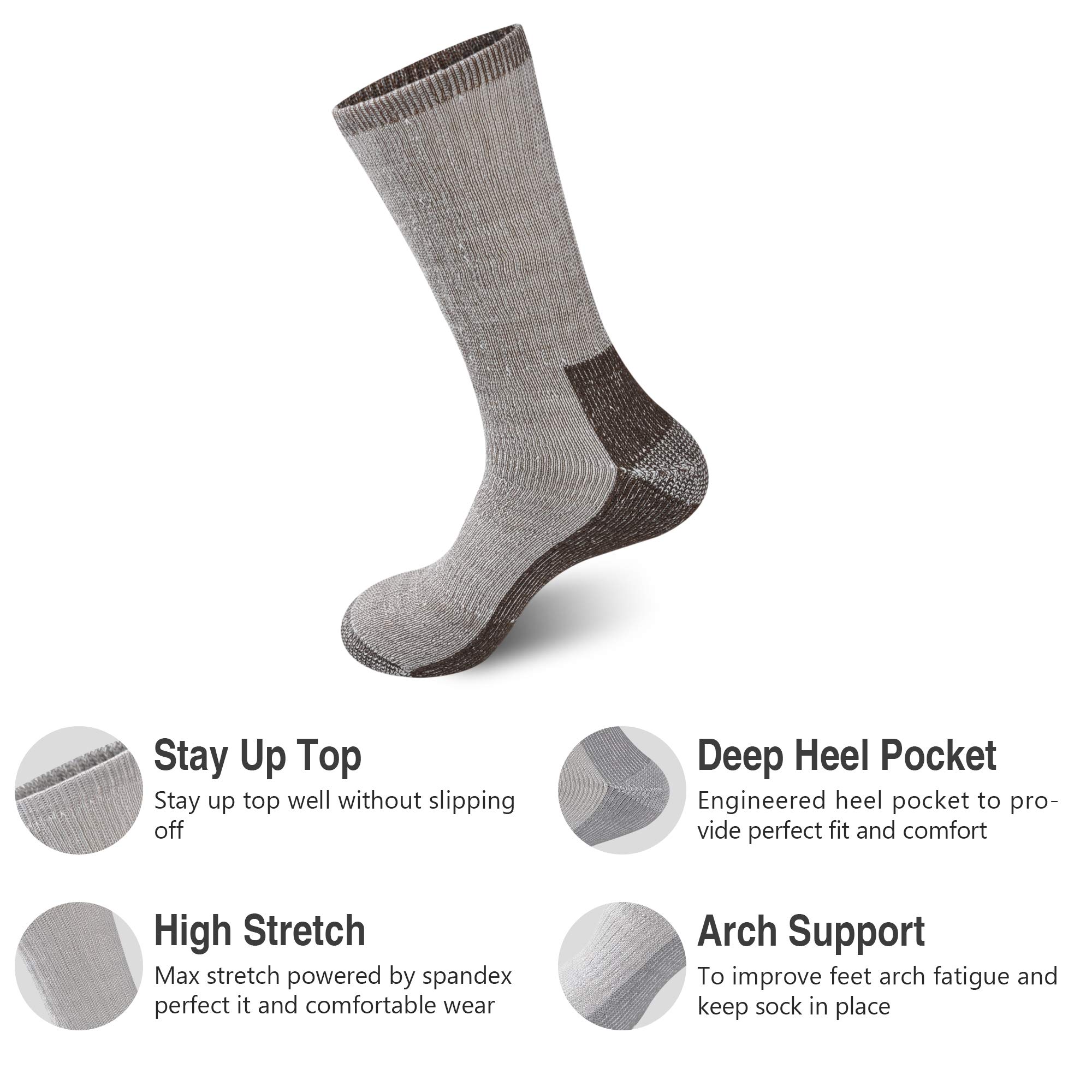 GKX Men's Merino Wool Moisture Wicking Themal Outdoor Hiking Work Boot Heavy Cushion Crew Socks(Coffee)