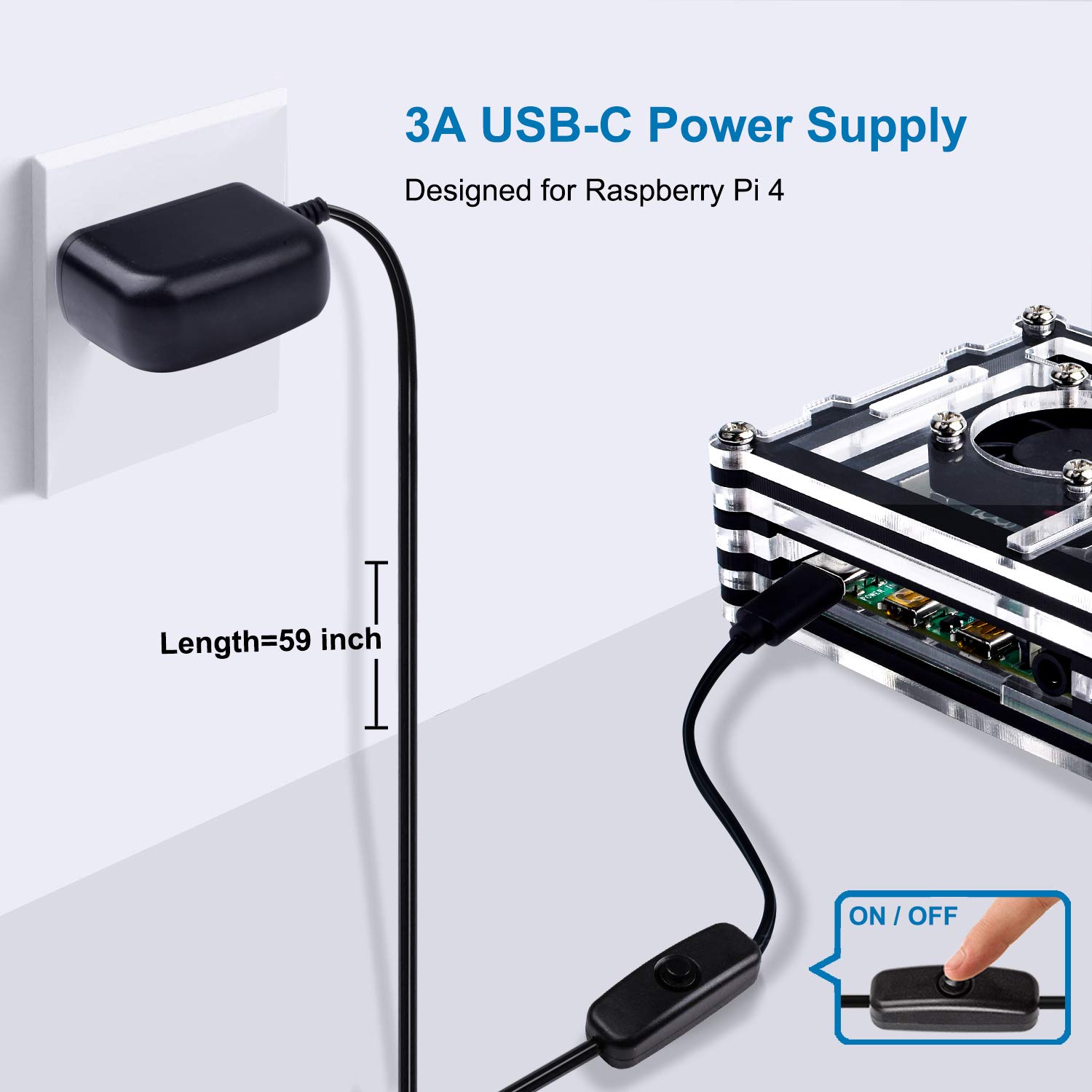 Smraza Case for Raspberry Pi 4 Model B, Acrylic Case with Cooling Fan, 4PCS Heatsinks, 5V 3A USB-C Power Supply for Raspberry Pi 4B (RPI 4 Board Not Included) - Black and Clear