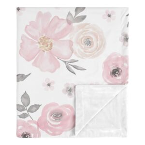 sweet jojo designs shabby chic rose flower watercolor floral baby girl receiving security swaddle blanket for newborn or toddler nursery car seat stroller soft minky - blush pink, grey and white