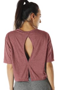 icyzone open back workout top shirts - yoga t-shirts activewear exercise crop tops for women (m, burgundy)