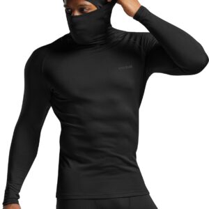 TSLA Men's Thermal Compression Shirts Hoodie with Mask, Long Sleeve Winter Sports Base Layer Top, Active Running Shirt, Heatlock Hoodie Black, X-Large