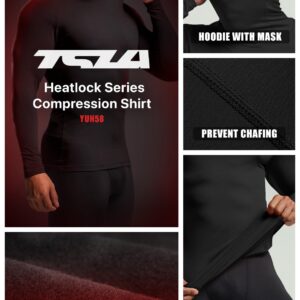 TSLA Men's Thermal Compression Shirts Hoodie with Mask, Long Sleeve Winter Sports Base Layer Top, Active Running Shirt, Heatlock Hoodie Black, X-Large