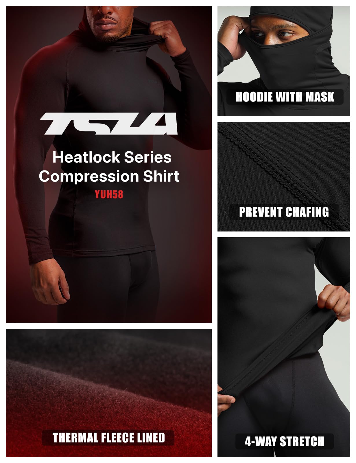 TSLA Men's Thermal Compression Shirts Hoodie with Mask, Long Sleeve Winter Sports Base Layer Top, Active Running Shirt, Heatlock Hoodie Black, X-Large