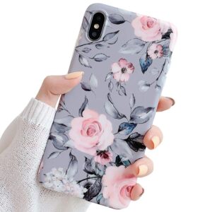 yelovehaw for iphone xs max case for girls, flexible soft slim fit full protective cute shell phone case with purple floral and gray leaves for iphone xs max 6.5 inch (pink flowers)