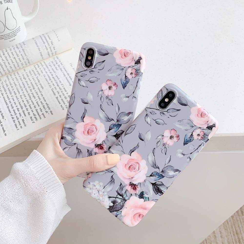 YeLoveHaw for iPhone Xs Max Case for Girls, Flexible Soft Slim Fit Full Protective Cute Shell Phone Case with Purple Floral and Gray Leaves for iPhone Xs Max 6.5 Inch (Pink Flowers)