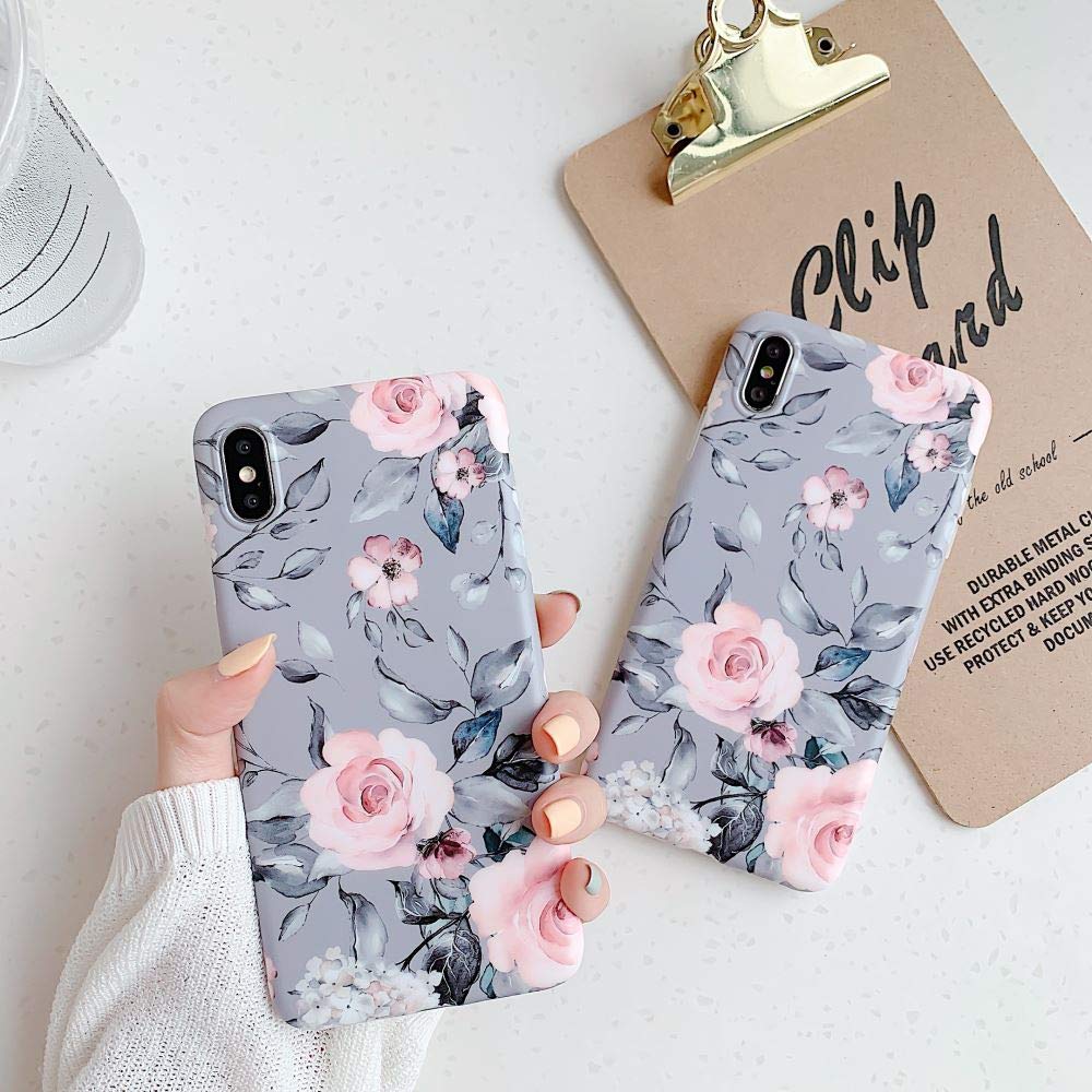 YeLoveHaw for iPhone Xs Max Case for Girls, Flexible Soft Slim Fit Full Protective Cute Shell Phone Case with Purple Floral and Gray Leaves for iPhone Xs Max 6.5 Inch (Pink Flowers)