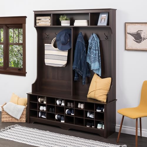 Prepac Brown Hall Tree with Bench and Shoe Storage, 60"W x 77"H x 15.5"D - 24 Shoe Cubby, Mudroom Bench with Storage and Hooks