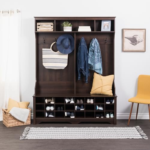 Prepac Brown Hall Tree with Bench and Shoe Storage, 60"W x 77"H x 15.5"D - 24 Shoe Cubby, Mudroom Bench with Storage and Hooks