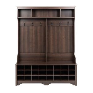 Prepac Brown Hall Tree with Bench and Shoe Storage, 60"W x 77"H x 15.5"D - 24 Shoe Cubby, Mudroom Bench with Storage and Hooks