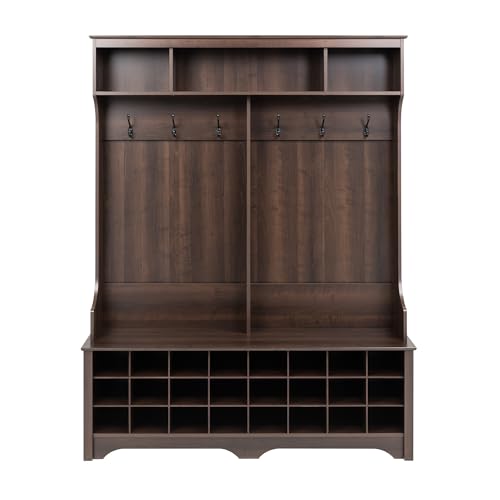 Prepac Brown Hall Tree with Bench and Shoe Storage, 60"W x 77"H x 15.5"D - 24 Shoe Cubby, Mudroom Bench with Storage and Hooks