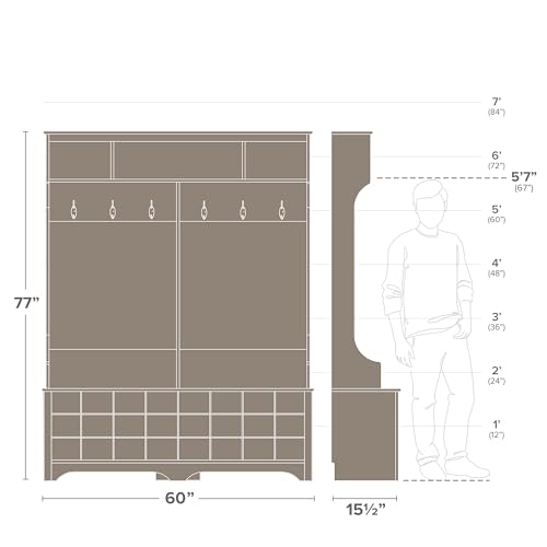 Prepac Brown Hall Tree with Bench and Shoe Storage, 60"W x 77"H x 15.5"D - 24 Shoe Cubby, Mudroom Bench with Storage and Hooks