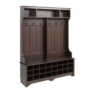 Prepac Brown Hall Tree with Bench and Shoe Storage, 60"W x 77"H x 15.5"D - 24 Shoe Cubby, Mudroom Bench with Storage and Hooks