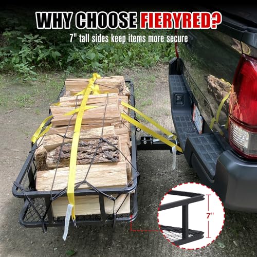 FIERYRED Folding Hitch Mount Cargo Carrier 60" x 20" x 7", 500 LBS Heavy Duty Trailer Hitch Mount Cargo Basket with Net & Hitch Stabilizer, Fit 2" Receiver for SUV, Truck, Car