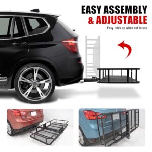 FIERYRED Folding Hitch Mount Cargo Carrier 60" x 20" x 7", 500 LBS Heavy Duty Trailer Hitch Mount Cargo Basket with Net & Hitch Stabilizer, Fit 2" Receiver for SUV, Truck, Car